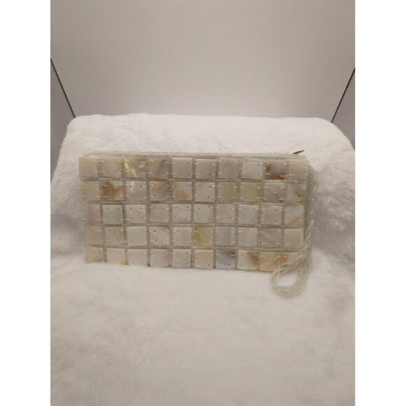 Elegant Mother of Pearl Beaded Satin Clutch Purse with Zipper & Wrist Strap - Picture 1 of 9